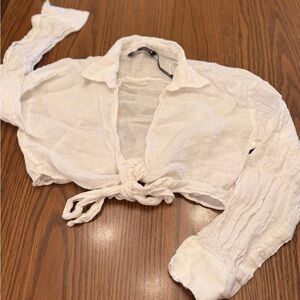 Zara White Tie-Front Cropped Button-Down Shirt